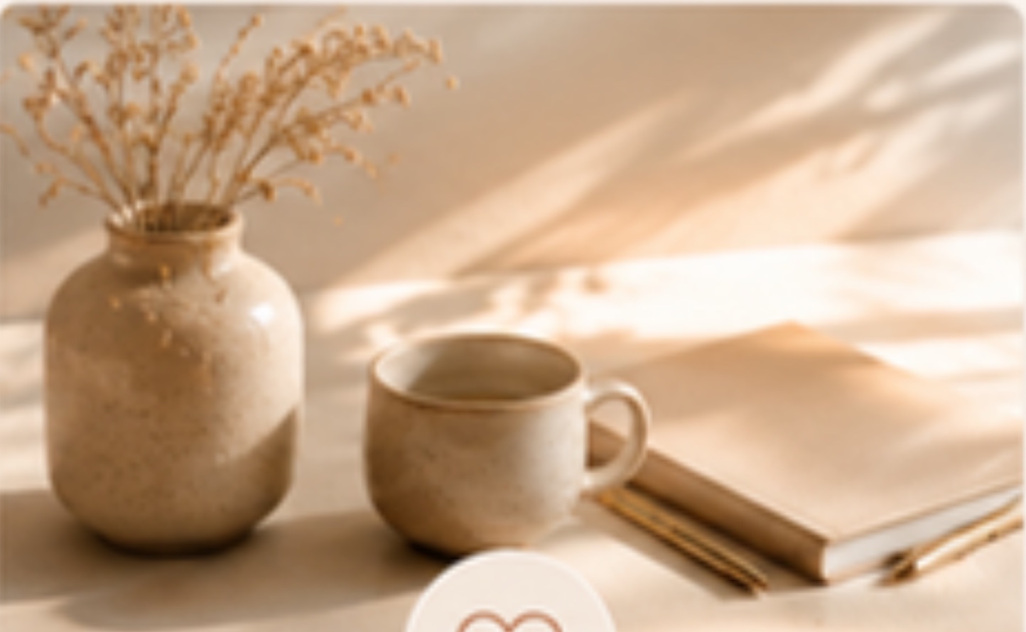 Vase artisanal, tasse et carnet dans la lumière du matin