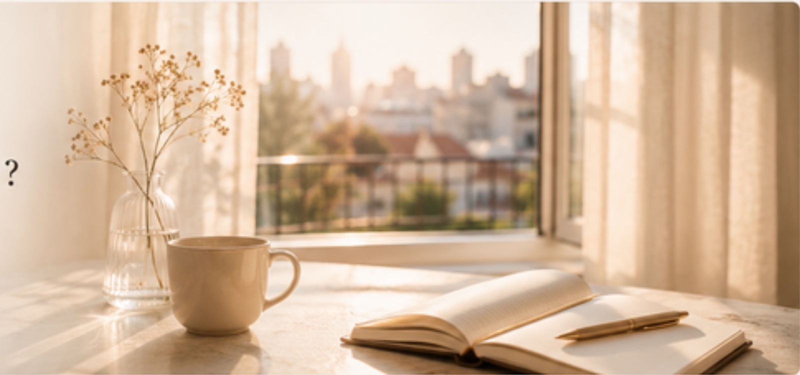 Fenêtre ouverte sur la ville, tasse et carnet au soleil