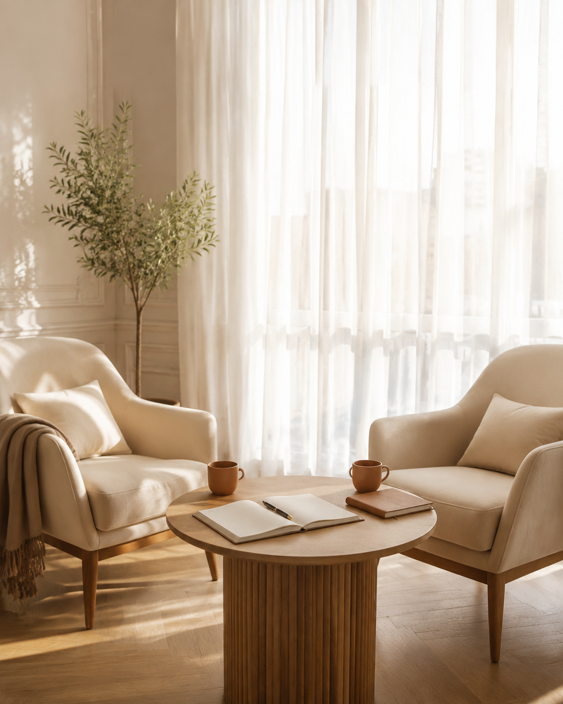 Deux fauteuils face à face dans un salon lumineux, espace de mentorat