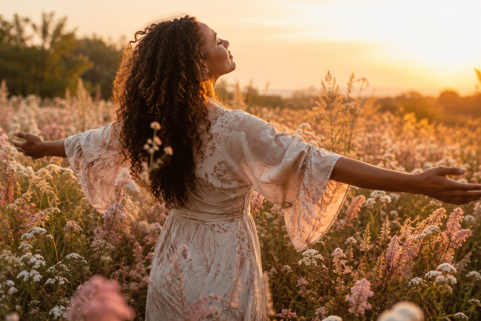 Femme bras ouverts dans un champ au crépuscule