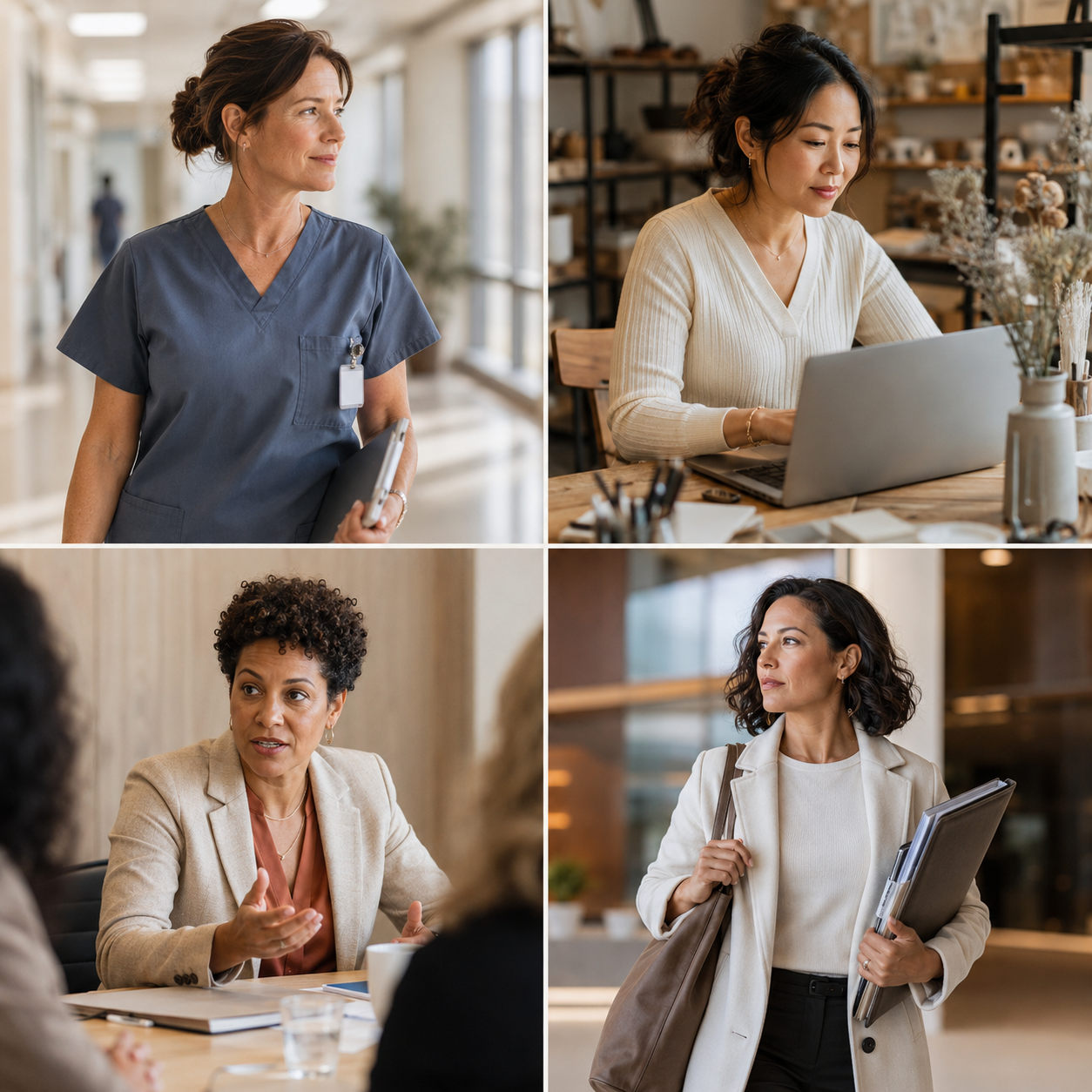Femmes professionnelles dans leurs multiples rôles : infirmière, entrepreneure, gestionnaire, cadre
