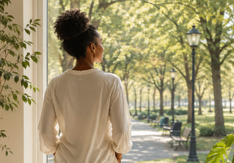 femme qui regarde par la fenêtre